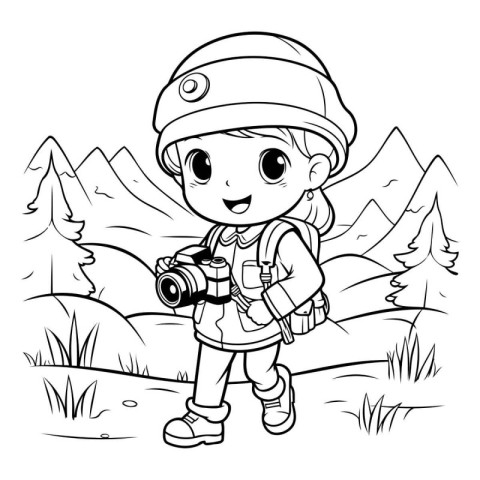 Coloring Page Outline Of a Little Girl Traveler with a Camera