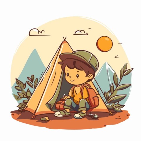 Cute boy sitting near his tent. Vector illustration in cartoon s