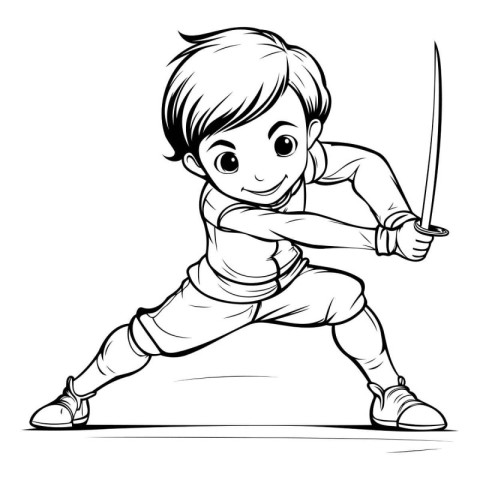 Cartoon Illustration of Kid Boy with Sword for Coloring Book