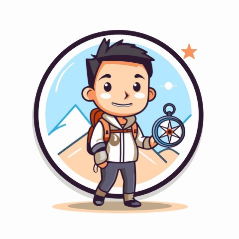 Cute explorer boy with backpack and compass. Vector cartoon illu