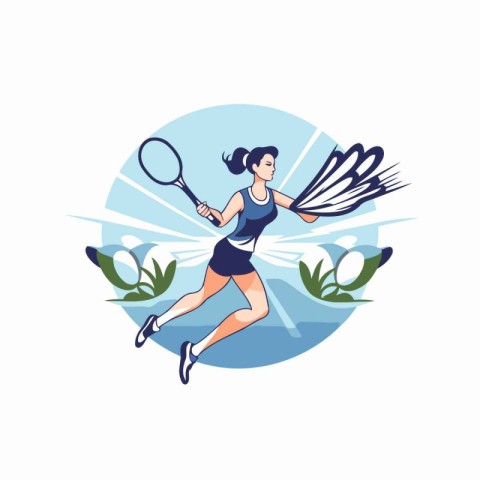 Tennis player woman running with racket and ball vector illustra