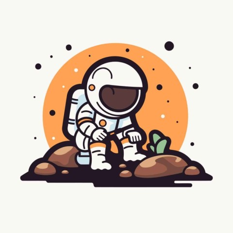 Astronaut sitting on the ground. Vector illustration in flat sty