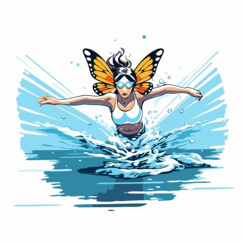 Swimmer with butterfly on her head in the water. Vector illustra