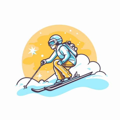 Skiing vector icon. Skier in helmet and goggles skiing