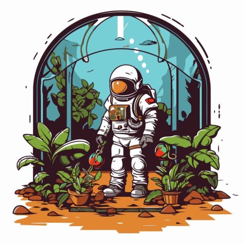 Astronaut in a greenhouse. Vector illustration in cartoon style.