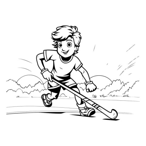 Boy playing hockey. Black and white vector illustration for your