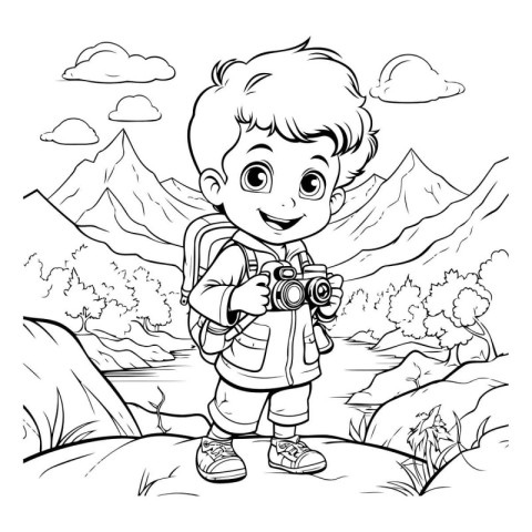 Boy with a backpack in the mountains. Coloring book for children