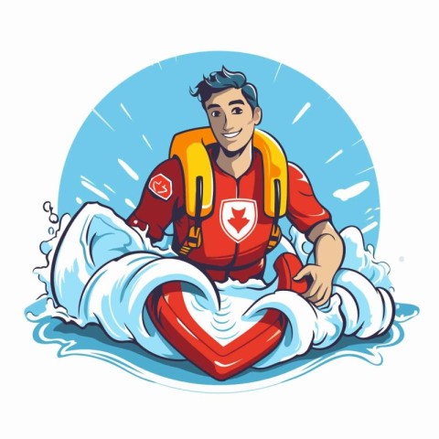 Vector illustration of a man in a life jacket surfing on the wav