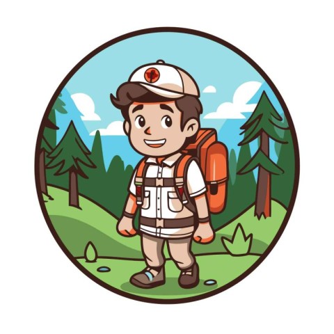 Cartoon explorer boy with backpack in the forest. Vector illustr