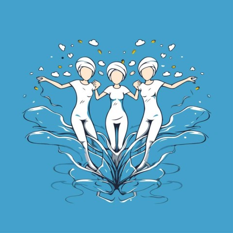 Three girls in swimsuits jumping into the water. Vector illustra