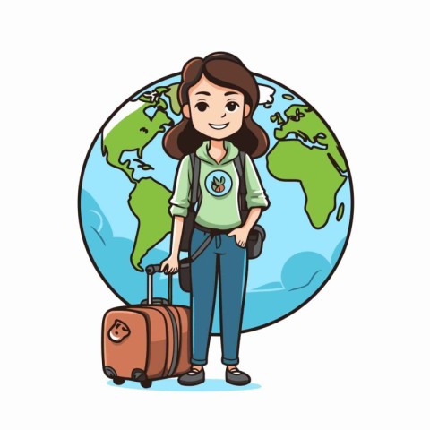 traveler girl with suitcase and world map icon vector illustrati