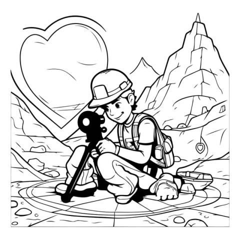 Black and White Cartoon Illustration of Boy Hiking or Camping wi