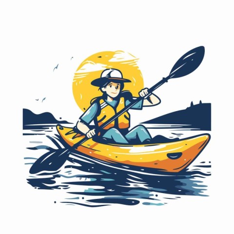 Man in a kayak on the river. Vector illustration of a man in a k