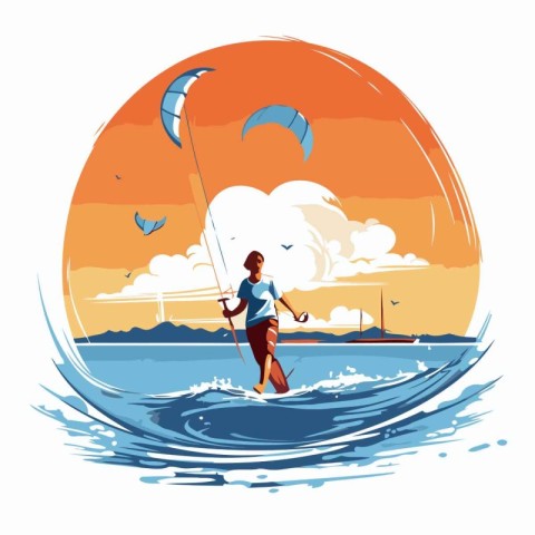 Kitesurfer on the background of the sunset. Vector illustration