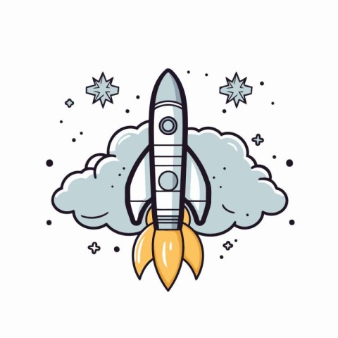 Rocket icon in doodle style with clouds and stars. Vector illust