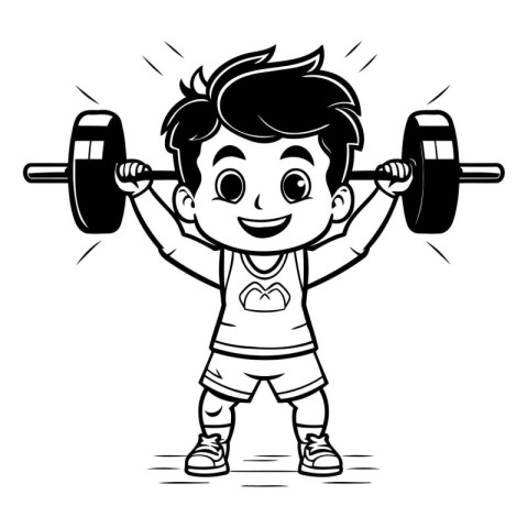 Cartoon boy lifting a barbell. Vector clip art illustration.