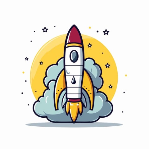 Rocket with clouds and stars. Vector illustration in flat cartoo