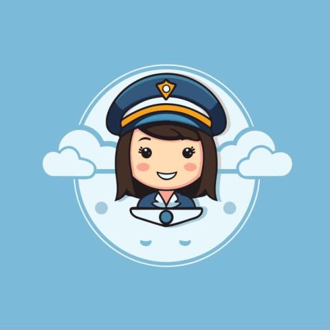 cute pilot girl with pilot hat on blue background. vector illust