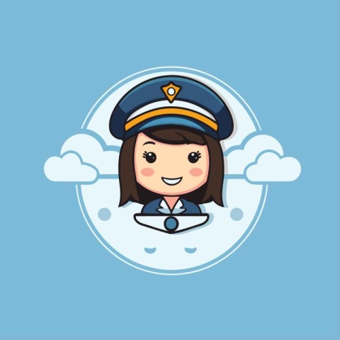 cute pilot girl with pilot hat on blue background. vector illust