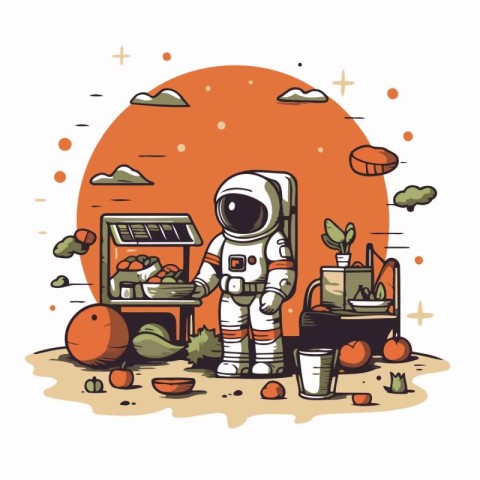 Astronaut on the background of the orange garden. Vector illustr