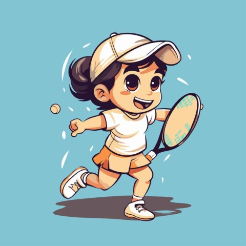 Cartoon girl playing tennis. Vector illustration of a girl playi