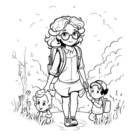 Vector illustration of a woman with a backpack and her children