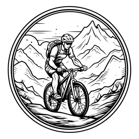 Mountain biker riding a bike round icon. Vector illustration.