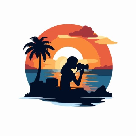 Silhouette of a photographer on the beach at sunset. Vector illu