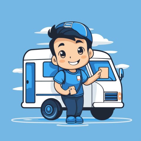 Cartoon delivery man with camper on blue background. Vector illu