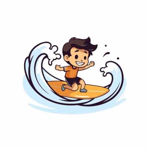 Cartoon boy surfing on a wave. Vector illustration isolated on w