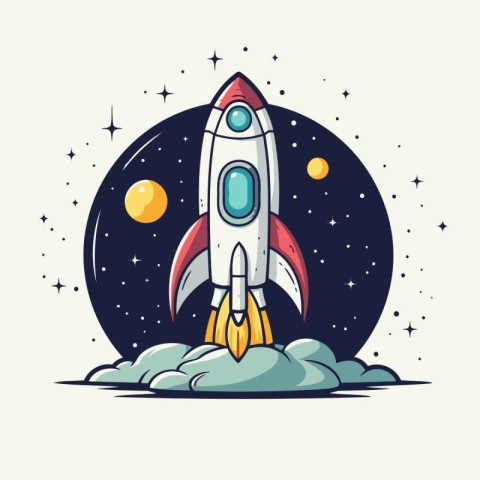 Rocket in space. Vector illustration in flat style. Isolated on