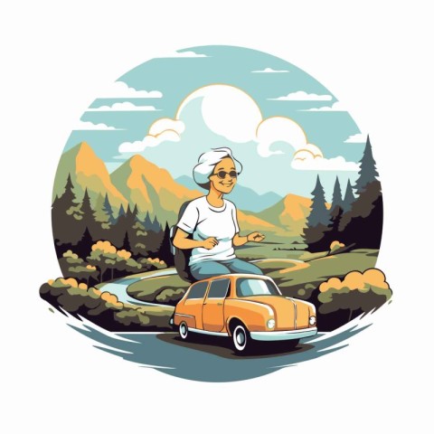 Tourist on the road in the mountains. Vector illustration in car