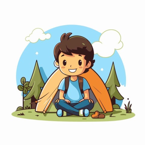 Boy camping in the woods. Vector illustration in a cartoon style