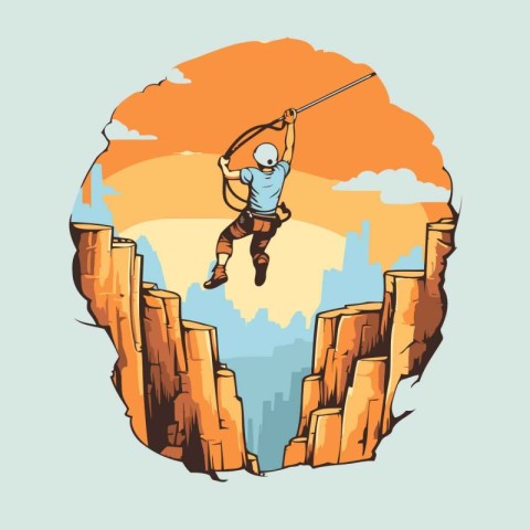 Vector illustration of a man jumping over a gap in the cliff.