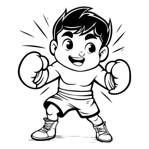 Cartoon Boxer Kid - Black and White Illustration. Vector