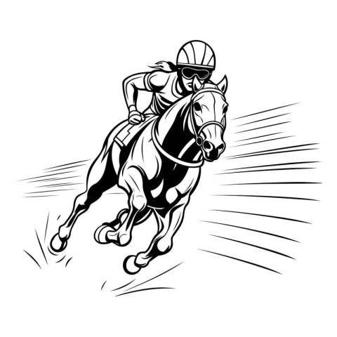 Jockey riding a horse. black and white vector illustration on wh