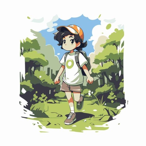 Boy with backpack in the park. Vector illustration in cartoon st