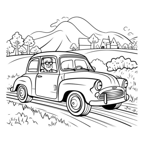 Woman driving a retro car in the countryside. black and white ve