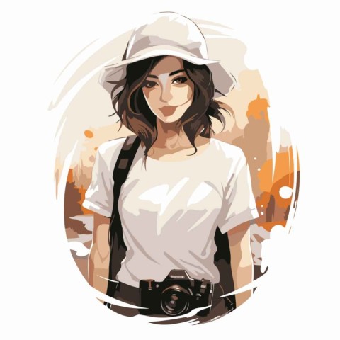 Beautiful young woman in hat and white shirt with camera. Vector