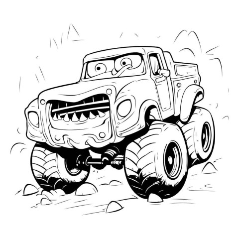 Cartoon monster truck. Black and white vector illustration for c