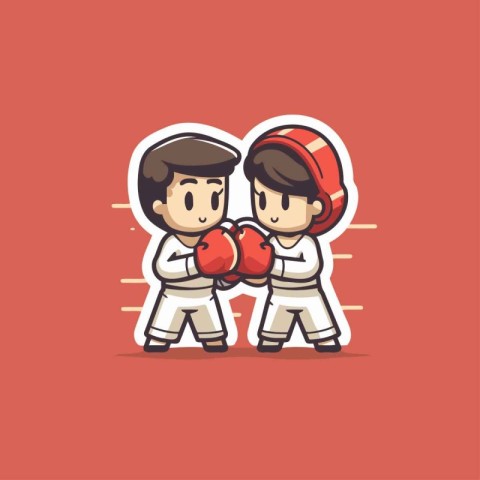 Cartoon illustration of two kids boxing in gloves. Vector illust