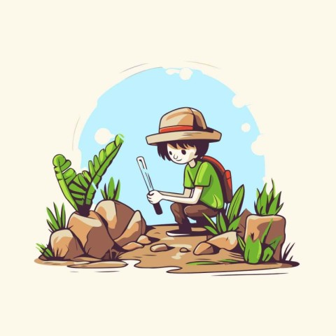 Illustration of a boy hiking in the nature. Vector illustration.