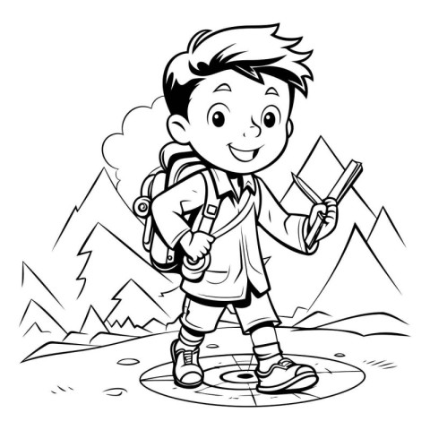 Black and White Cartoon Illustration of Kid Hiking with Backpack