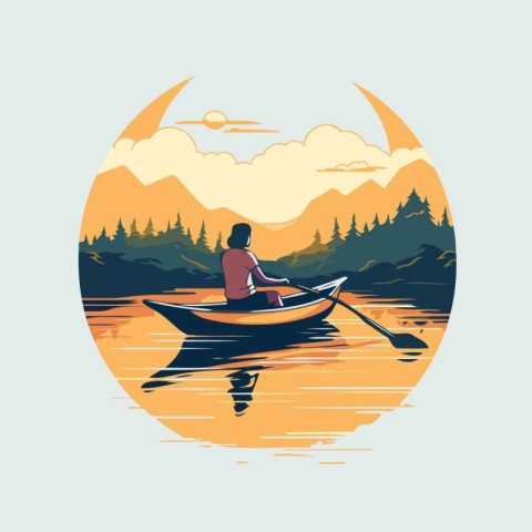 Fisherman in a boat on the lake. Vector illustration.