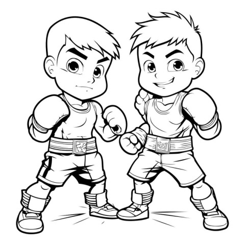 Black and White Cartoon Illustration of Two Kids Boxing or Kickb