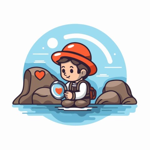 Boy explorer exploring the world with a magnifying glass. Vector