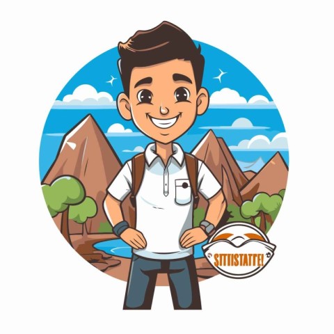 Handsome man standing in the mountains. Cartoon vector illustrat