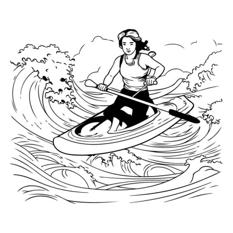 Young woman paddling on a kayak. Hand drawn vector illustration.