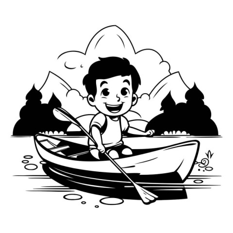 Boy rowing a boat on the lake. black and white vector illustrati