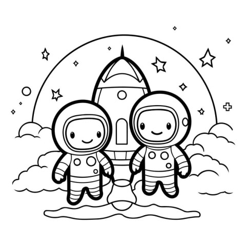 cute astronaut couple in the space scene vector illustration des